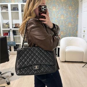 Chanel Black Caviar Maxi Classic Single Flap with Silver Hardware